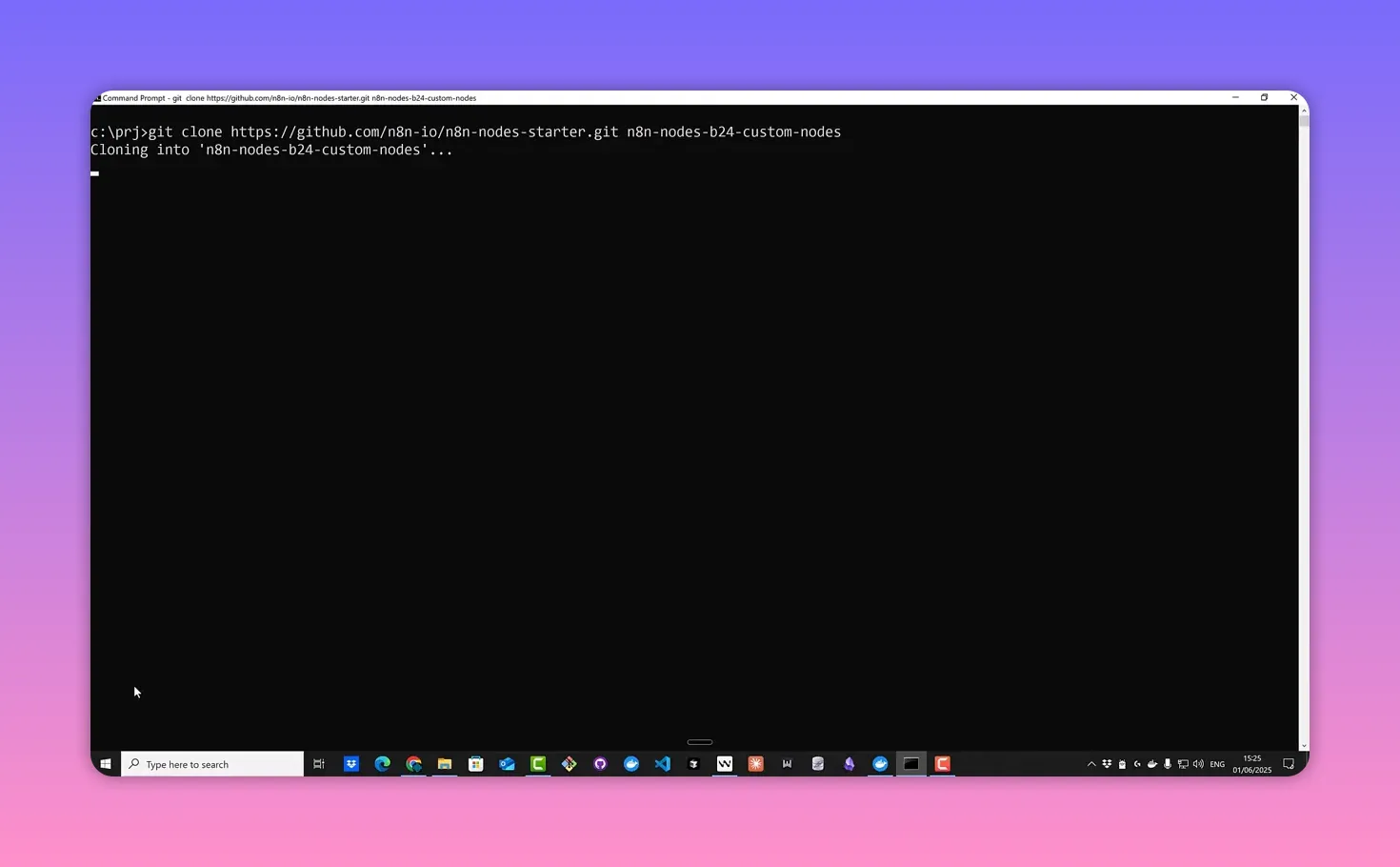 Terminal showing 'git clone https://github.com/n8n-io/n8n-nodes-starter.git n8n-nodes-b24-custom-nodes' and the 'Cloning into' message