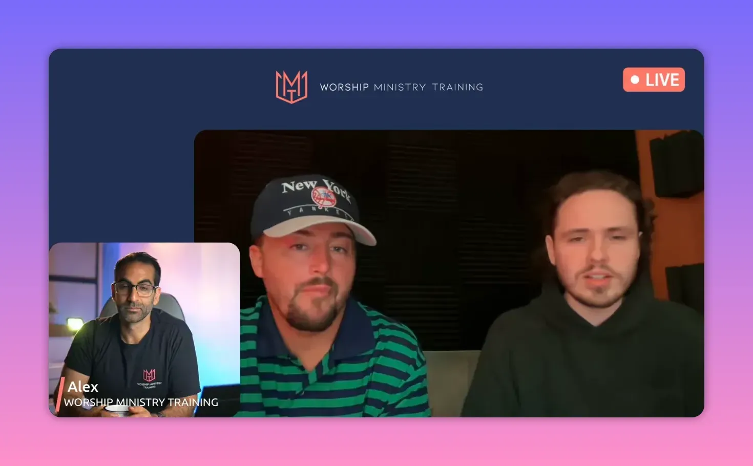 Worship Ministry Training livestream screenshot: Alex in the inset with a mug and two guests on the main screen discussing modern systems like click tracks.