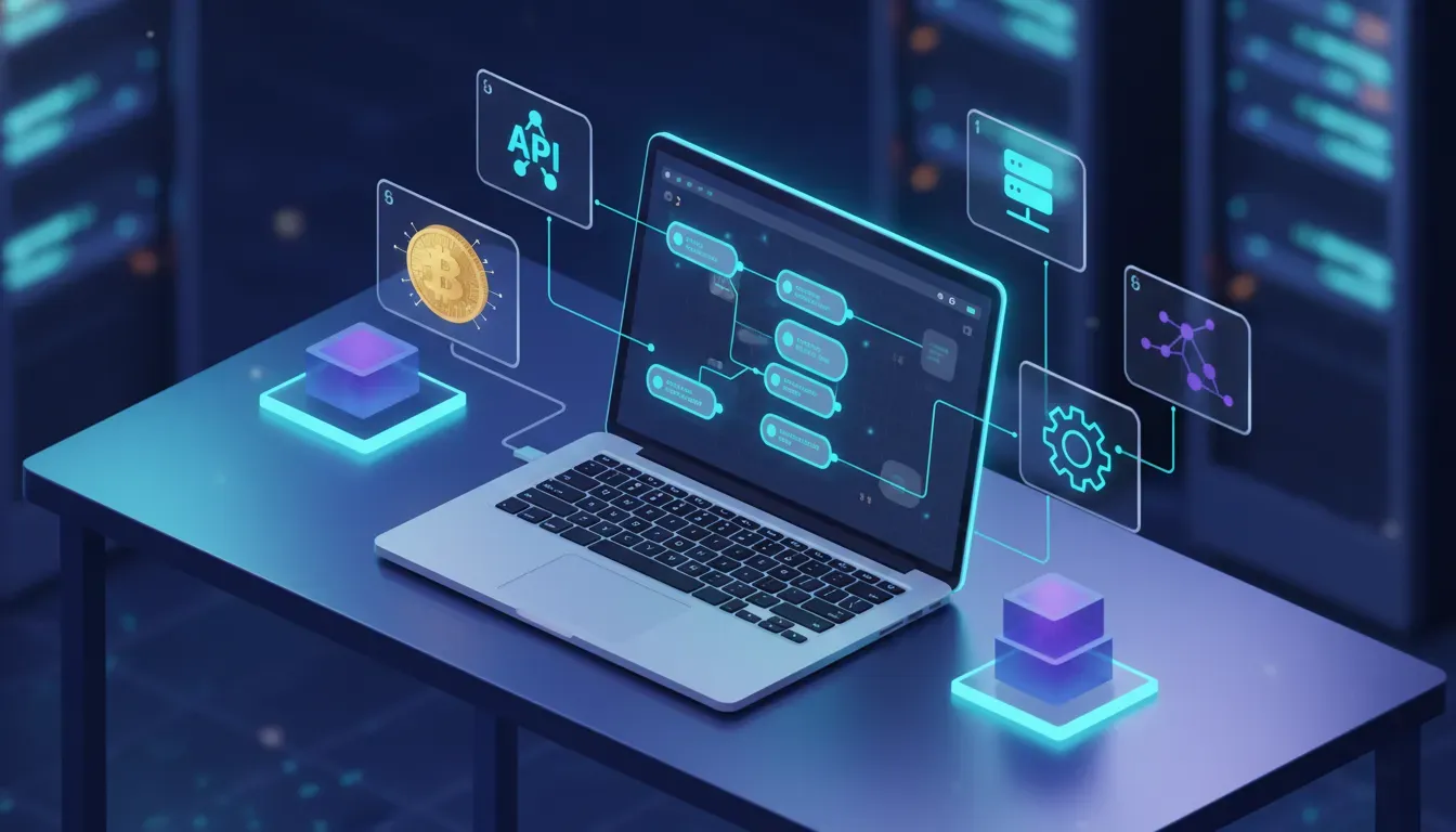 Isometric illustration of a developer workspace building a custom n8n node to fetch cryptocurrency prices from an API: laptop with visual node editor, abstract crypto coin, API panel, git branching and container icons in blue and purple tones