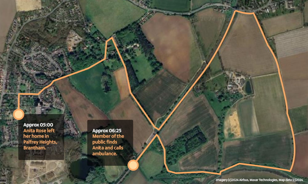 A map of Anita Rose's last known movements