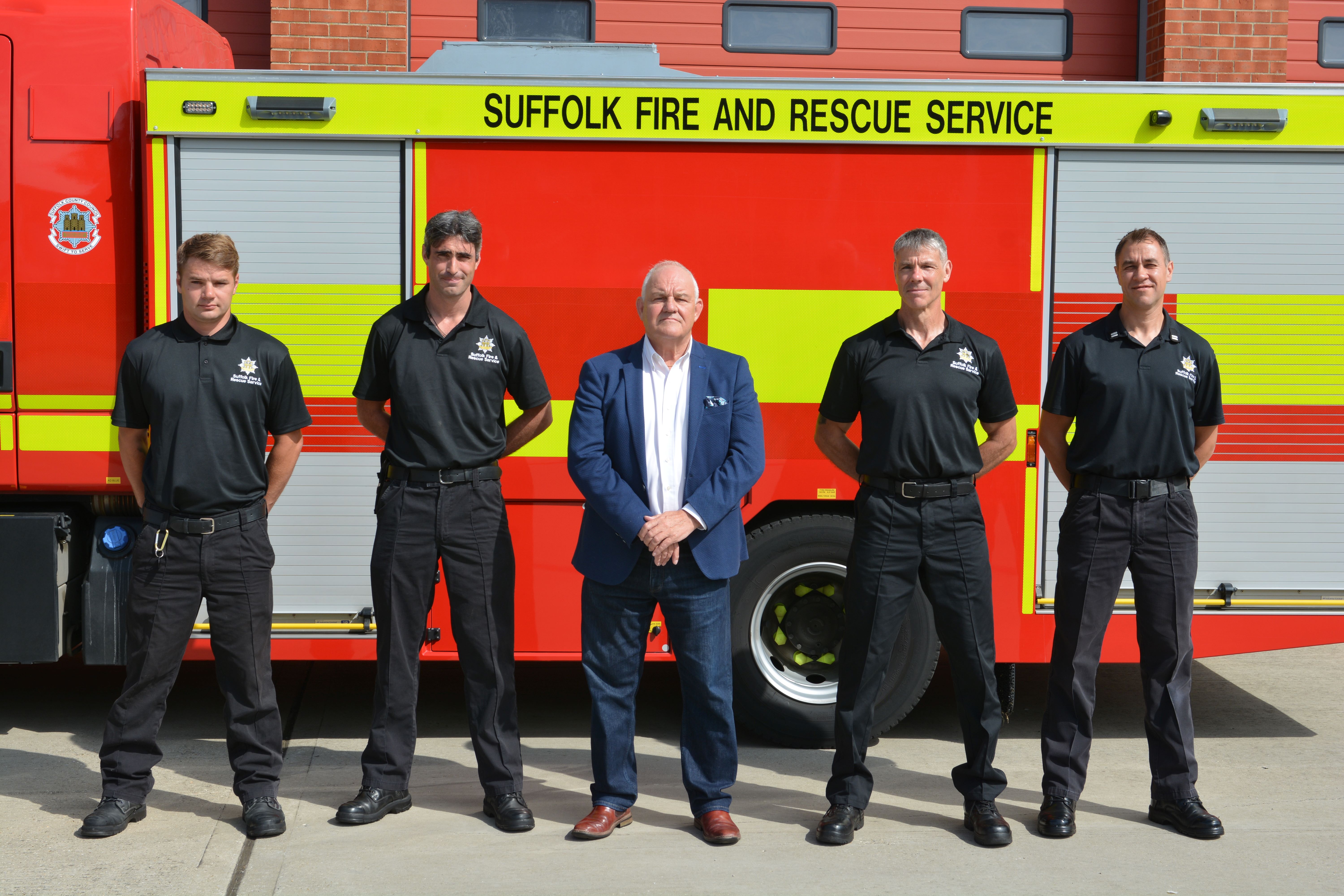 Firefighters Ashley Buxton, left, George Trott, Councillor Steve Wiles, Firefighter Grant Whitehead, and Crew Manager Paul Shattock