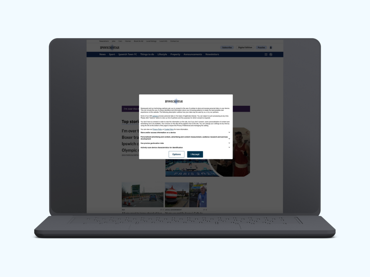 Ipswich Star consent banner on a laptop