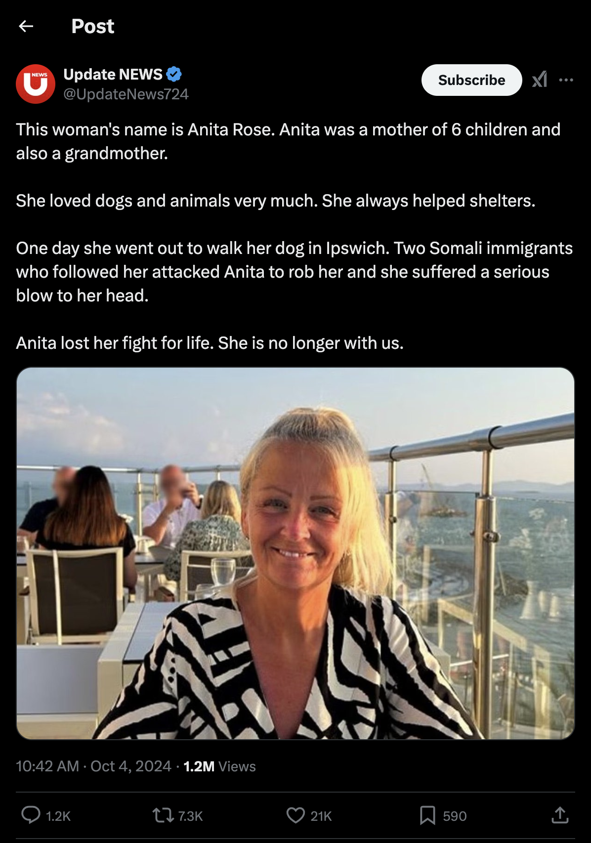 A post on X from Update News falsely claiming that Anita Rose was murdered by two Somali men