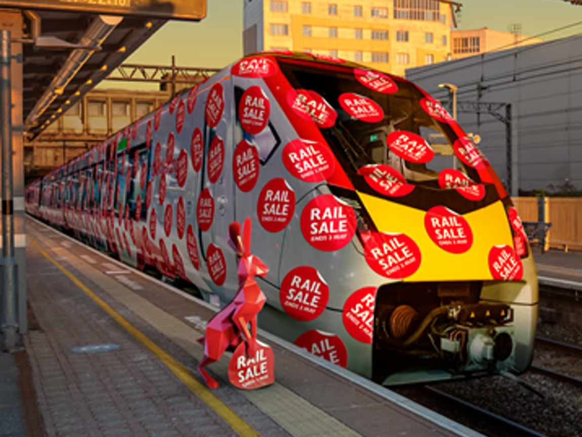 A train covered in sale stickers