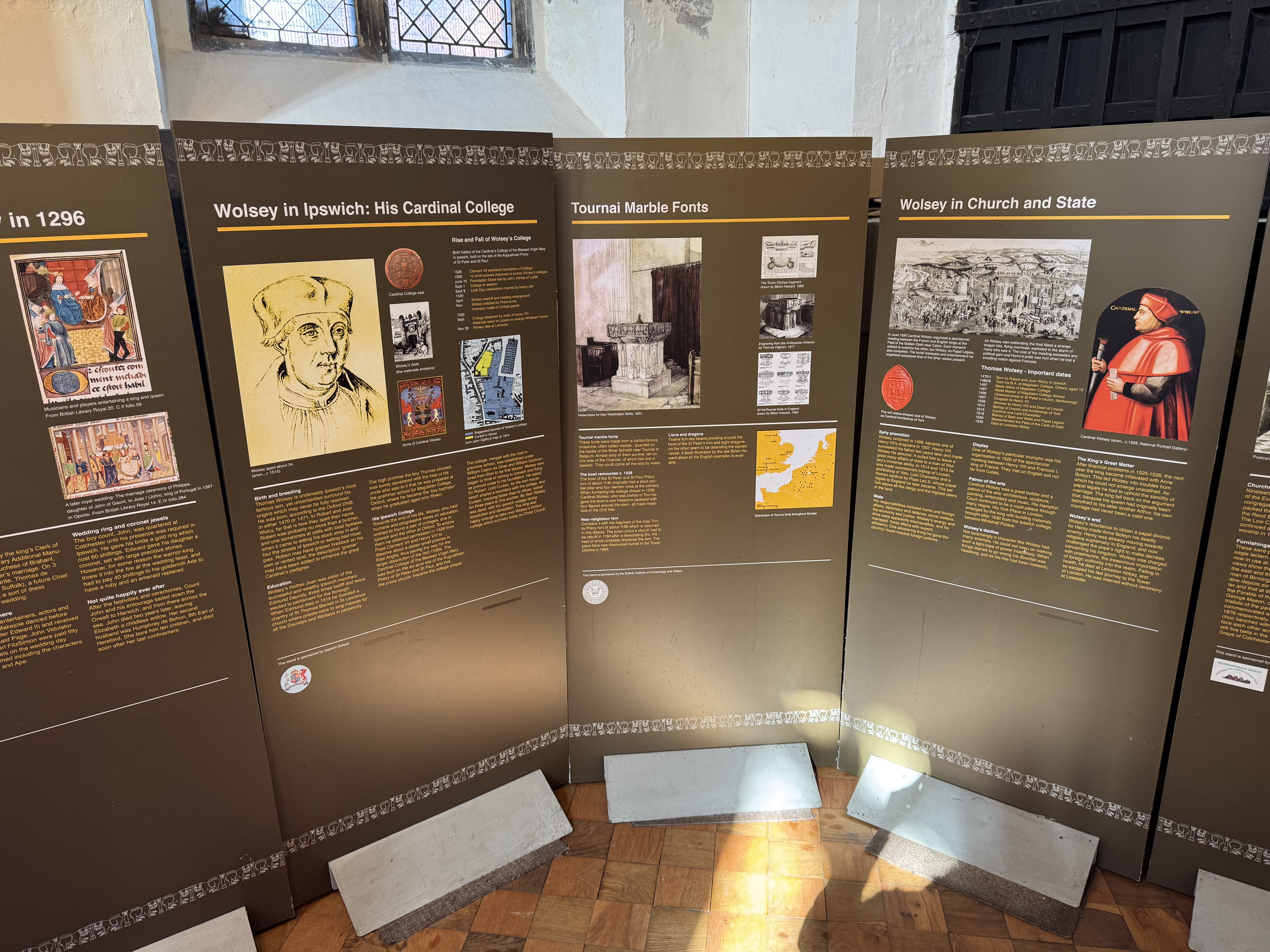 Information panels at St Peter's by the Waterfront on Cardinal Wolsey Day