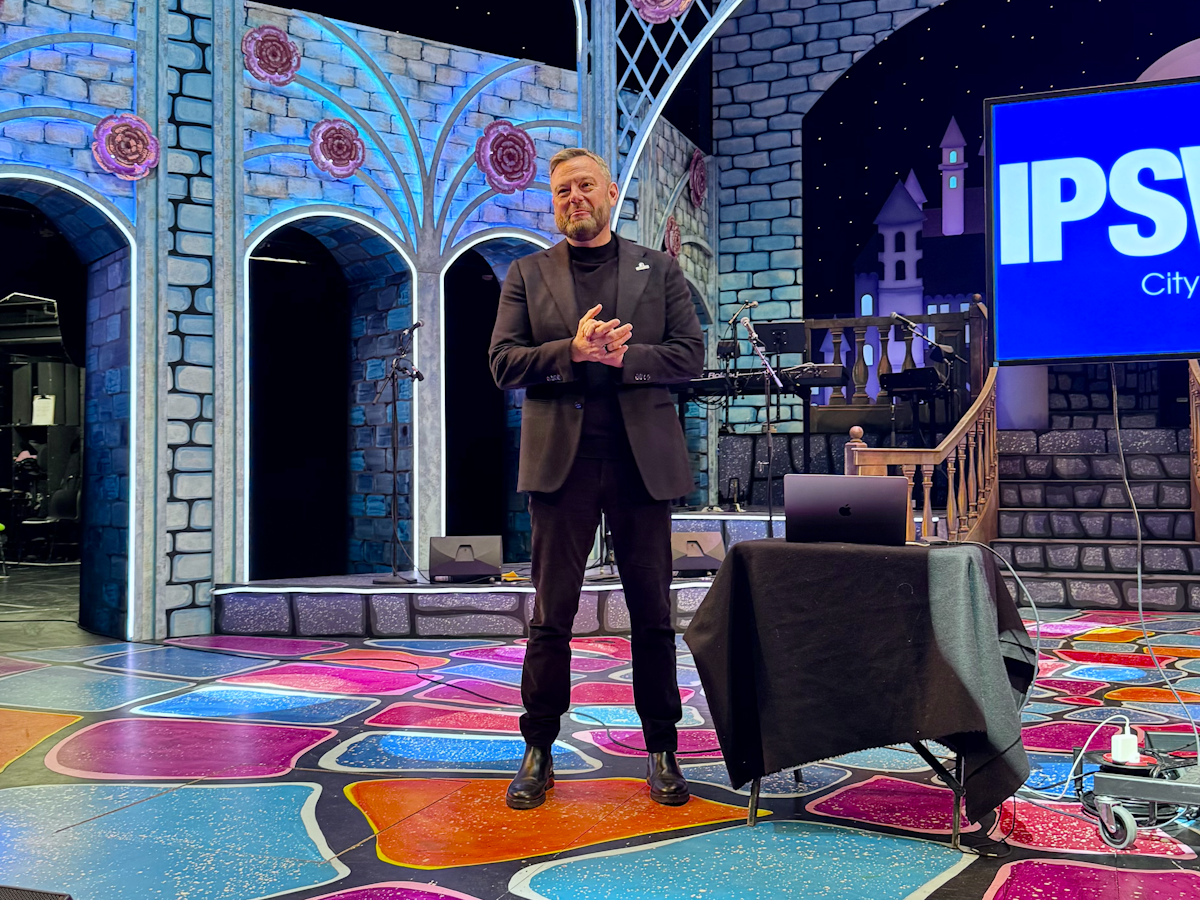 Mark Ashton giving a speech at the New Wolsey Theatre on Ipswich's City of Culture bid
