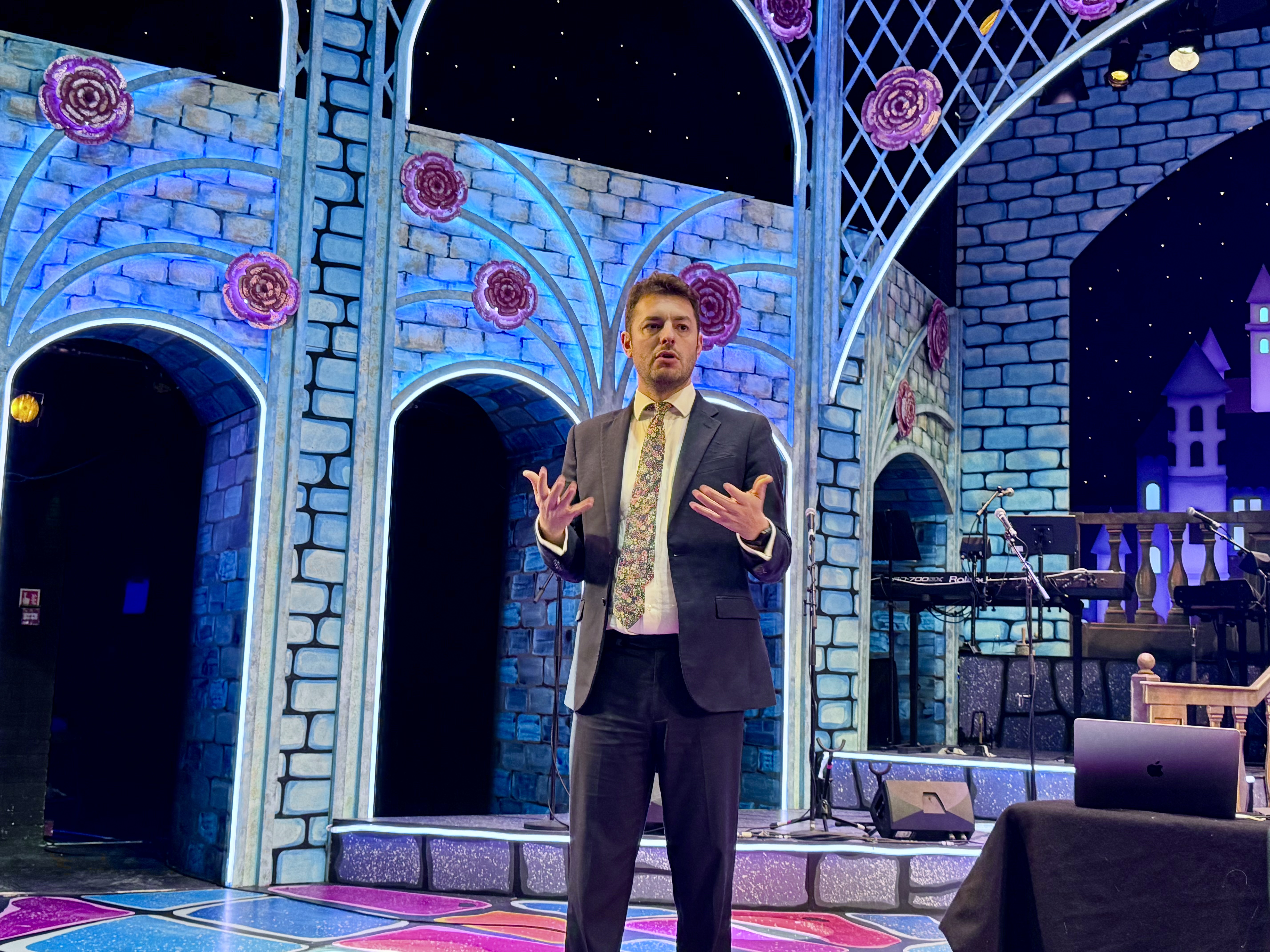 Jack Abbott giving a speech at the New Wolsey Theatre on Ipswich's City of Culture bid