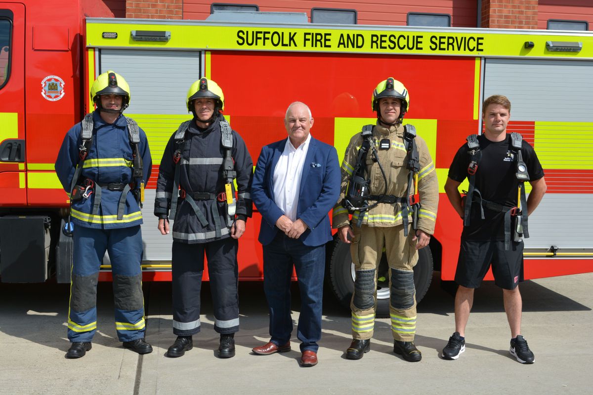 Firefighters George Trott, left, Grant Whitehead, Councillor Steve Wiles, Crew Manager Paul Shattock, and Firefighter Ashley Buxton