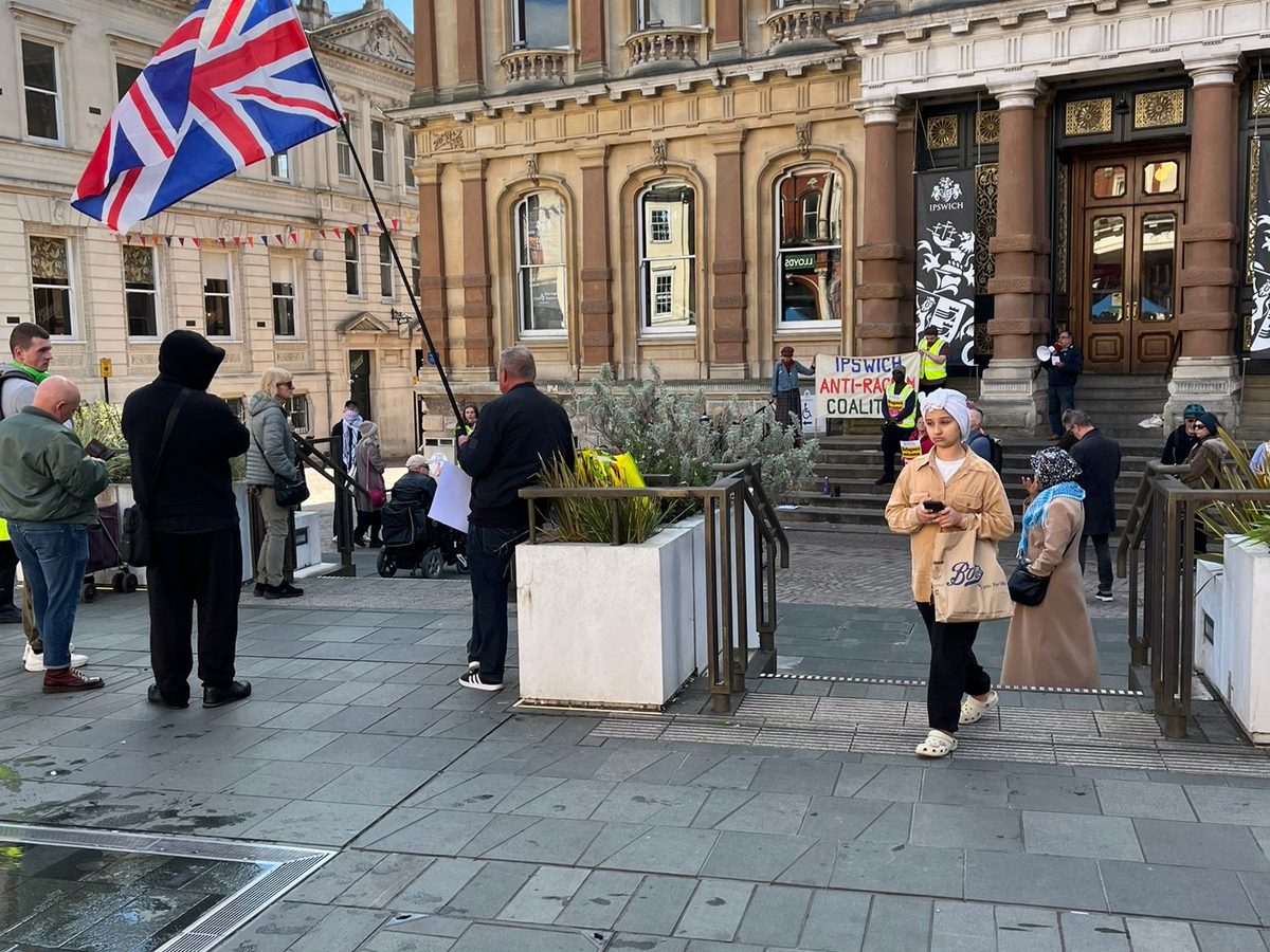 Four anti-immigration protestors outside Ipswich town hall