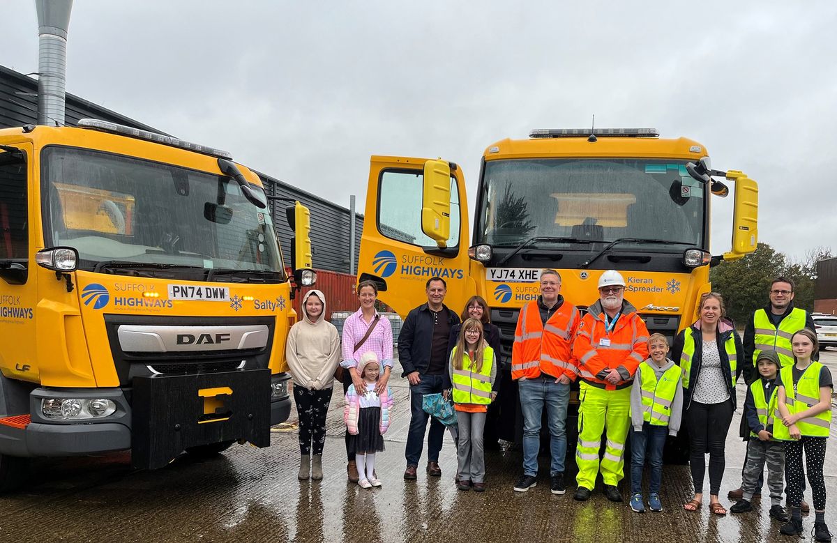 Cllr Paul West and some of the Suffolk Highways Gritter Naming Competition winners