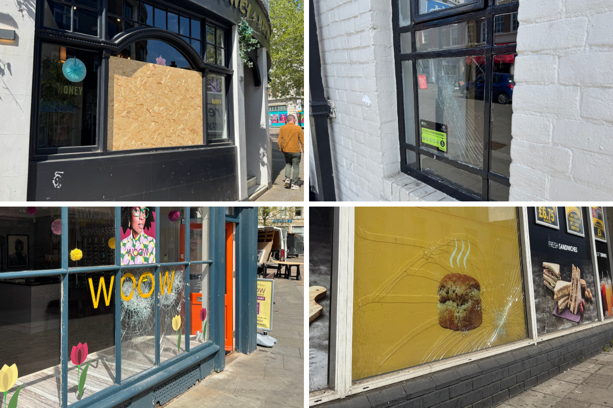 Collage of smashed shop windows in Ipswich