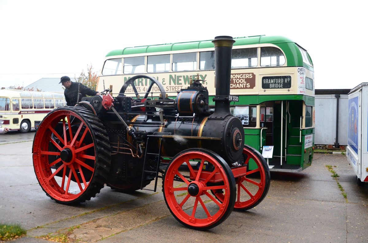 A steam engine and bus at Ipswich Transport Museum