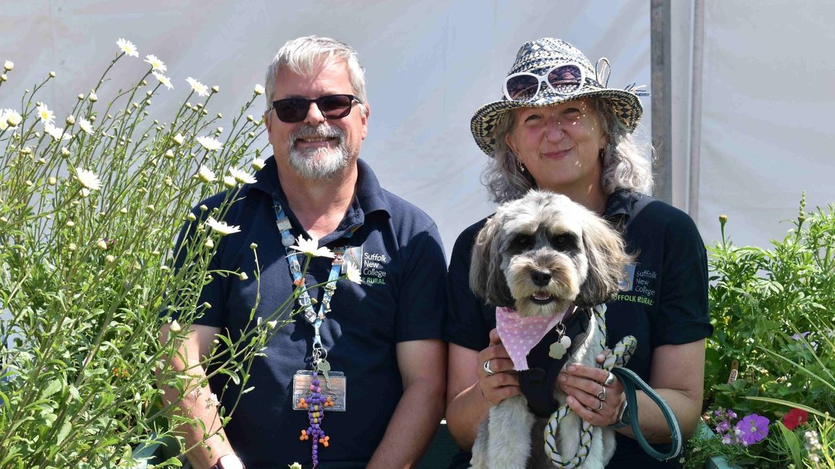 Mark James and Sarah Brunning with Maisie in the sustainable garden