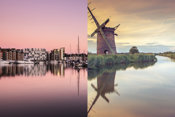 Two pictures, on the left is Ipswich marina in Suffolk and on the right is the Norfolk broads
