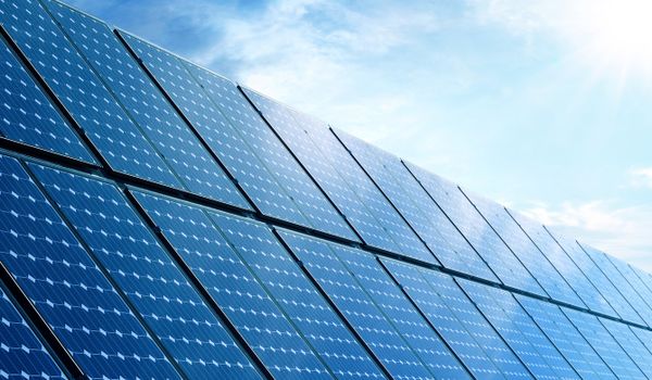 A close-up of a solar farm panel