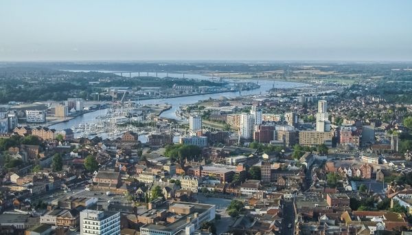 Aerial view of Ipswich town centre and waterfront