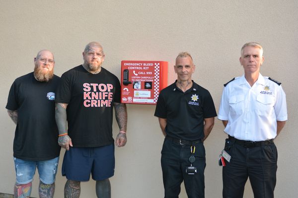Jamie Hart and Paul Stansby from Lucky 13 with firefighter Crew Manager Jason Folkard and Princes Street Station Manager Darren Cooper from Suffolk Fire and Rescue Service