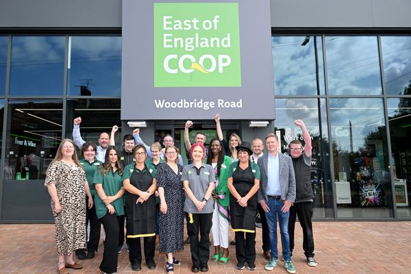 Staff outside the new Woodbridge Road East of England Co-op