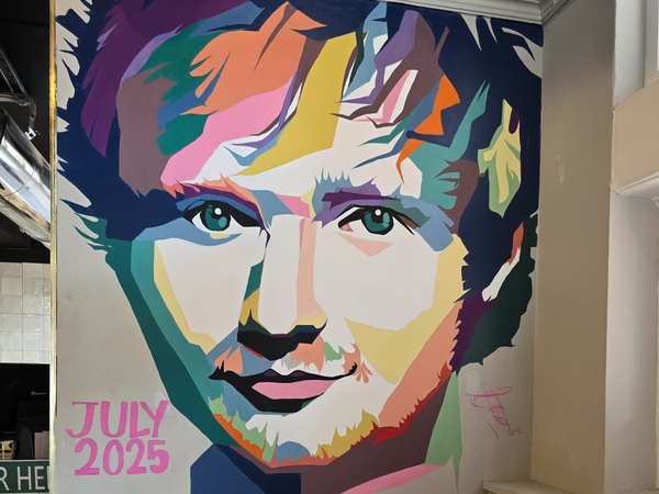 Ed Sheeran mural at Tower Street Food Hall by Ipswich artist Narin Naseri