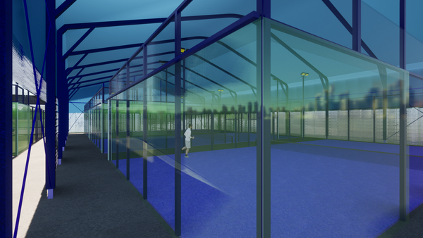 A 3D render of inside the new padel courts at Ipswich Sports Club
