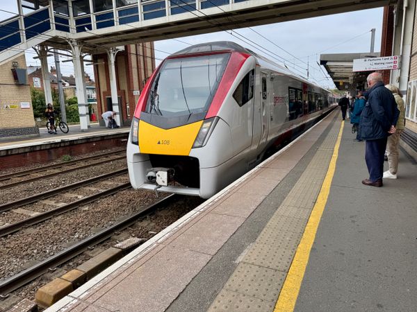A London train arriving on Platform 2 at Ipswich station