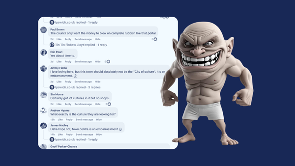 A photorealistic render of your typical Facebook troll next to some real comments about Ipswich's City of Culture bid