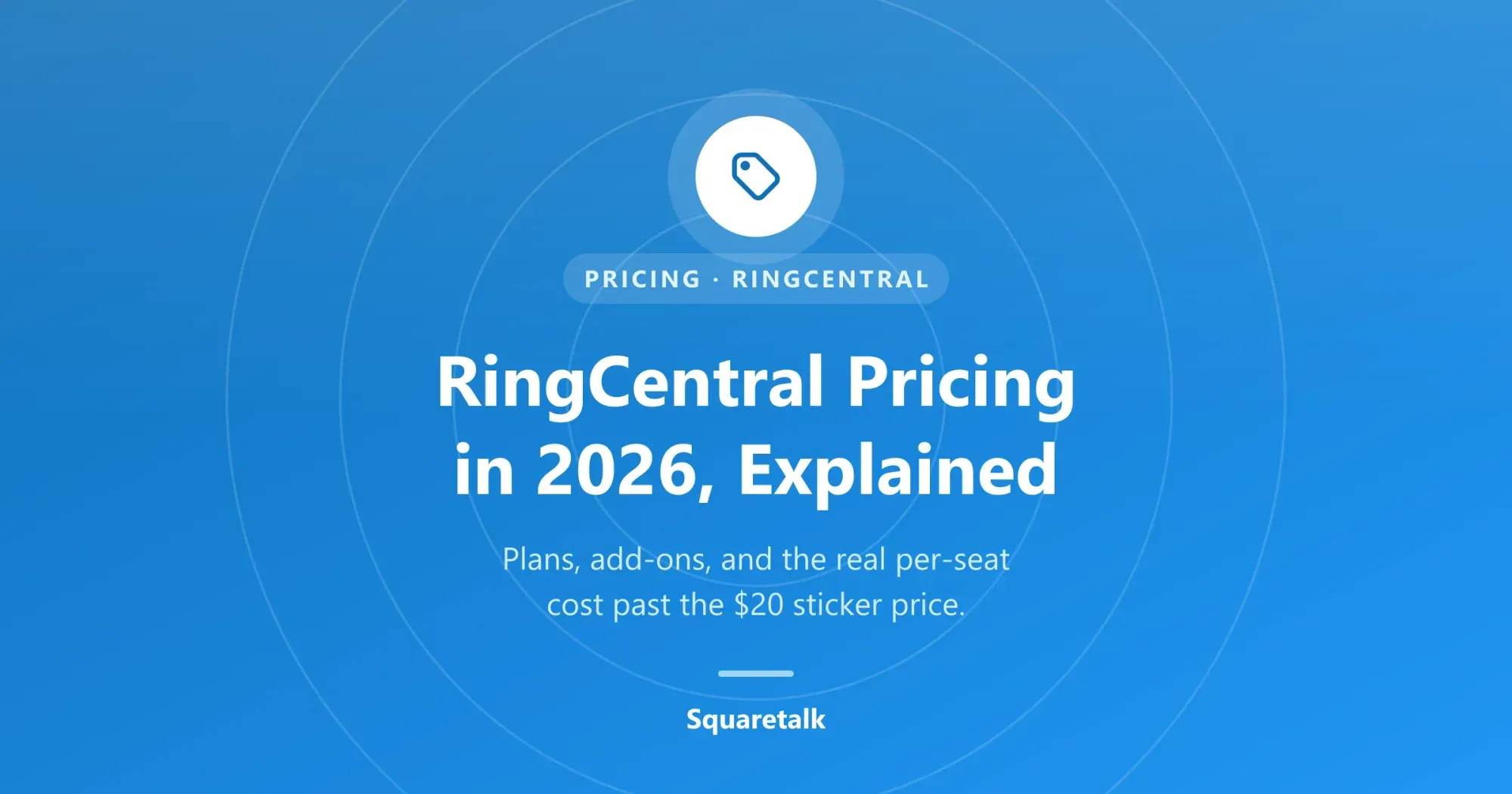 RingCentral pricing in 2026 explained: a Squaretalk graphic summarizing RingEX plans, add-on costs, and the real per-seat cost past the $20 sticker price