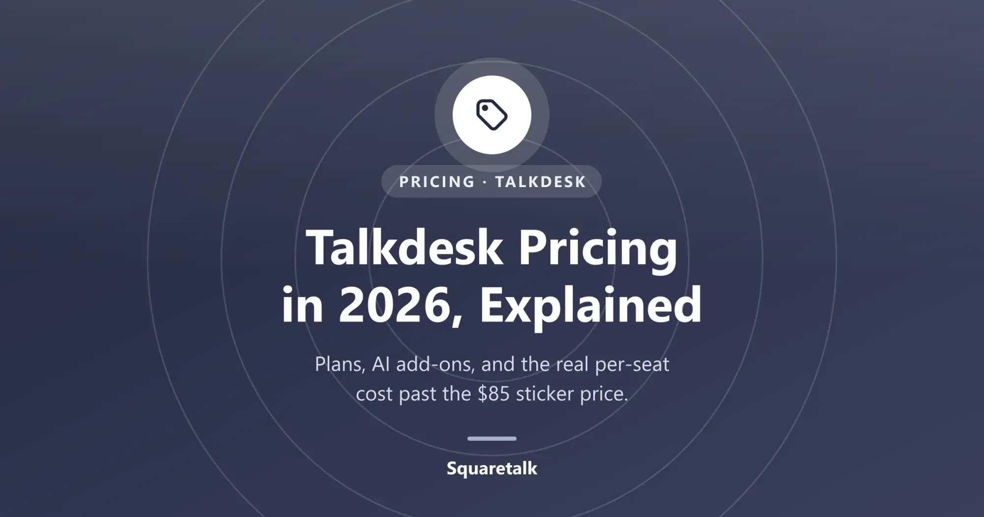Talkdesk pricing in 2026 explained: a Squaretalk graphic summarizing the four CX Cloud plans, the channel-siloed entry tiers, and the real per-seat cost