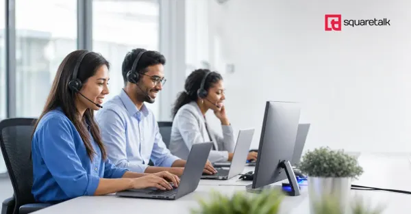 Small sales team wearing headsets using cold calling software at a bright office workstation