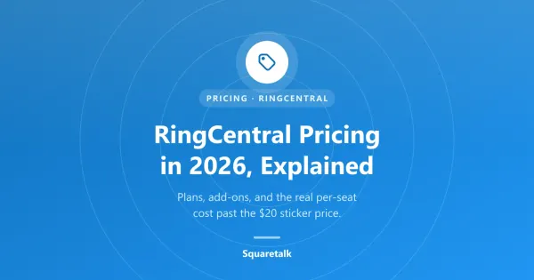 RingCentral pricing in 2026 explained: a Squaretalk graphic summarizing RingEX plans, add-on costs, and the real per-seat cost past the $20 sticker price
