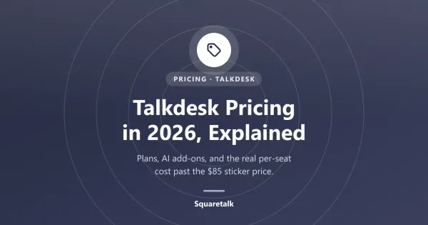 Talkdesk pricing in 2026 explained: a Squaretalk graphic summarizing the four CX Cloud plans, the channel-siloed entry tiers, and the real per-seat cost