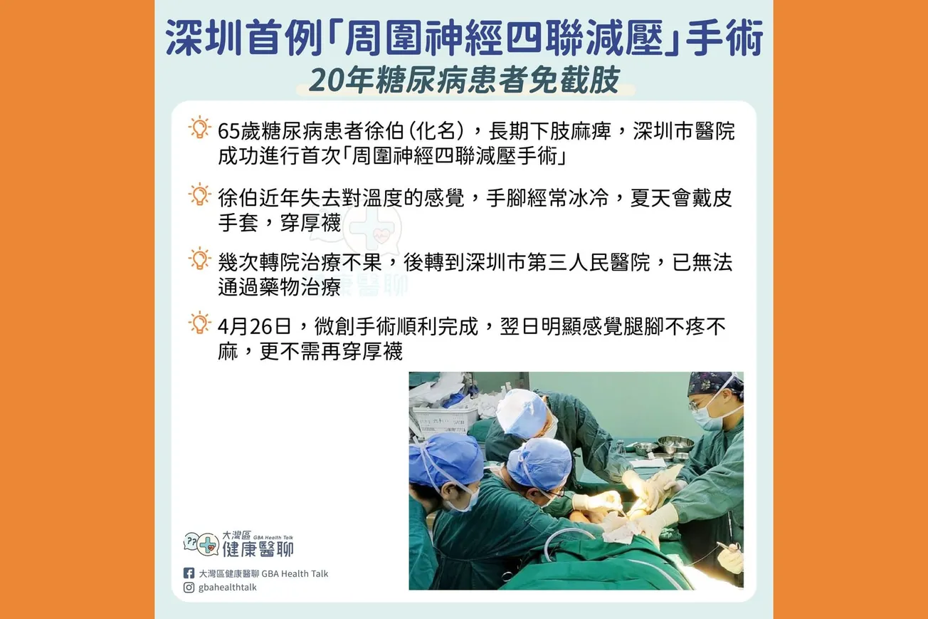 深圳首例「周圍神經四聯減壓」手術 20年糖尿病患者免截肢