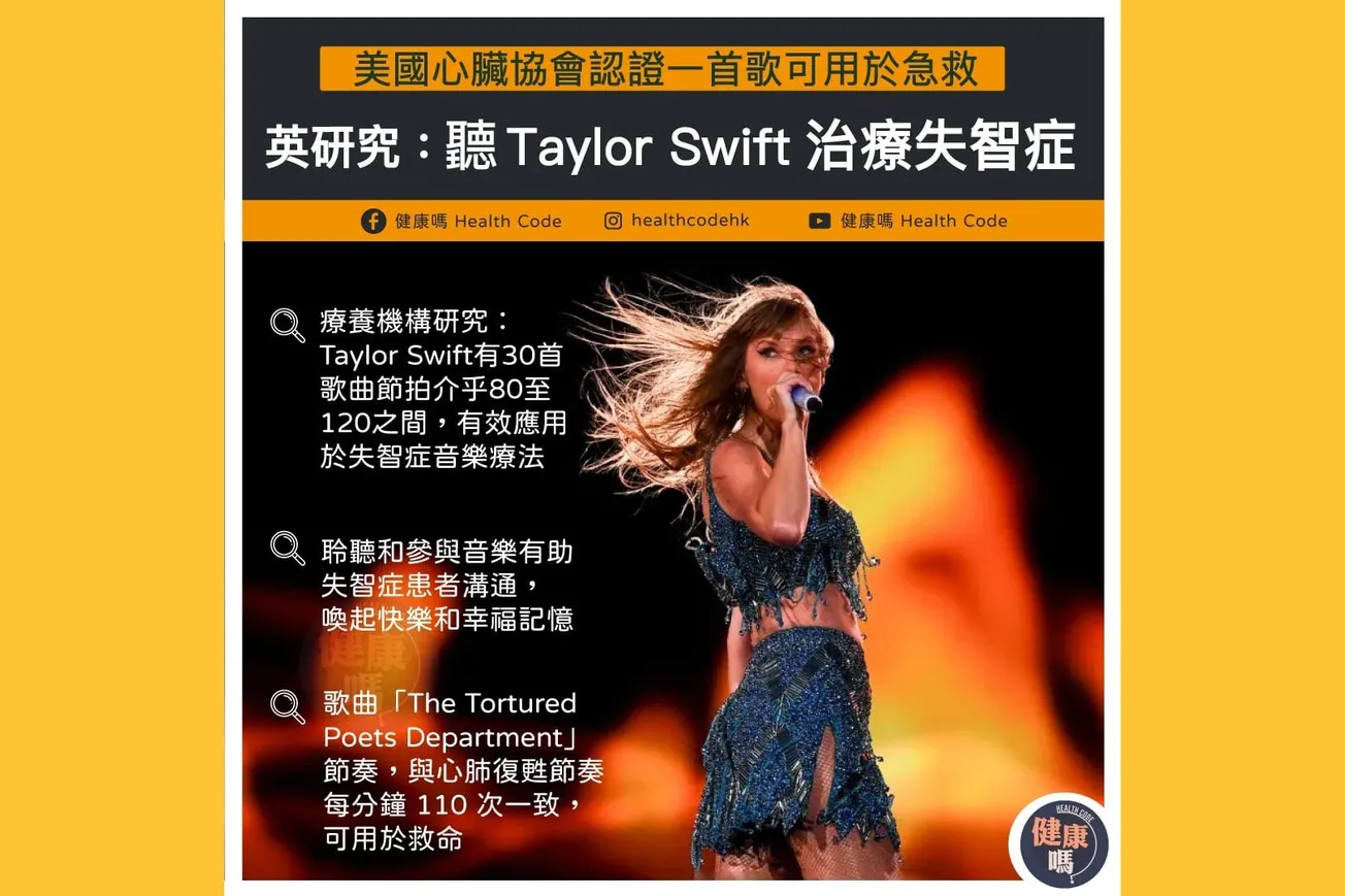 美國心臟協會認證一首歌可用於急救 英研究：聽 Taylor Swift 治療失智症