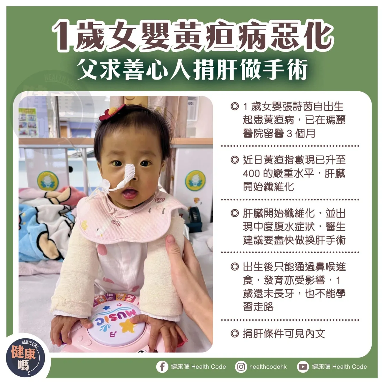 1歲女嬰黃疸病惡化 父求善心人捐肝做手術