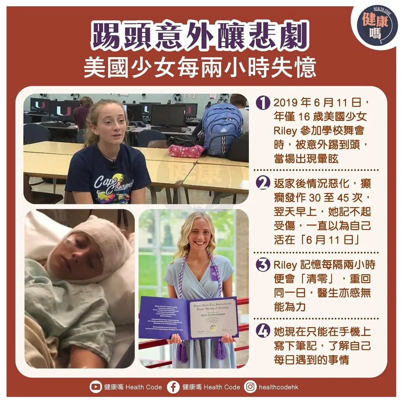 踢頭意外釀悲劇 美國少女每兩小時失憶