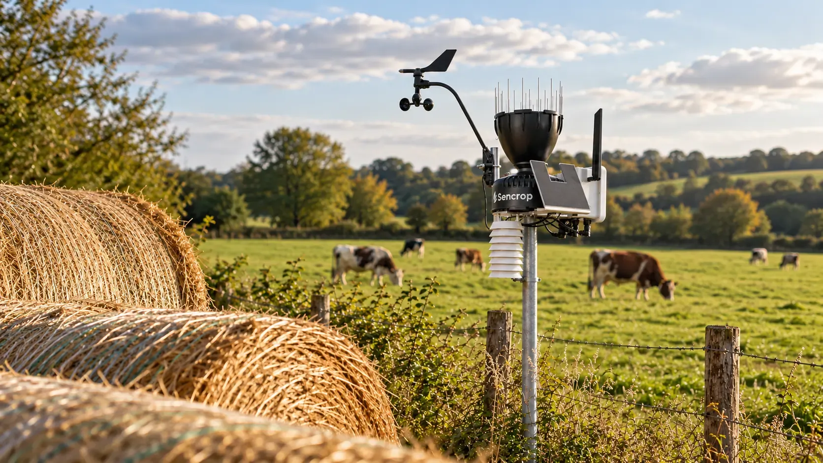 Station météo Sencrop au bord d’une prairie d’élevage à l’automne, silo en premier plan