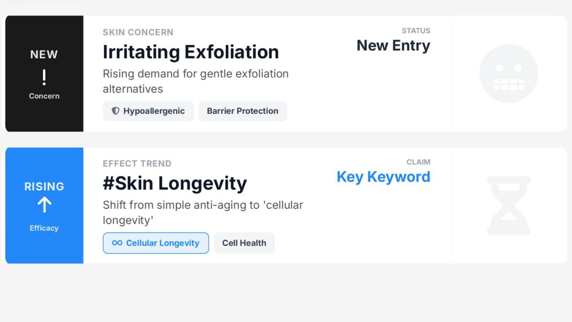 Trend signal card showing three key shifts in Sephora US FW 2025 bestsellers from October to December 2025: NAD as a rising ingredient at +145% growth, Irritating Exfoliation as a new consumer concern, and Skin Longevity as a rising efficacy keyword shifting the category from anti-aging to cellular longevity. Source: trendier AI."