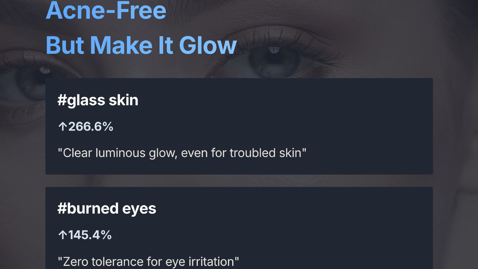 Consumer keyword card showing rising review keywords for non-comedogenic base products on Sephora US from May to October 2025: glass skin at +266.6% (clear luminous glow even for troubled skin), burned eyes at +145.4% (zero tolerance for eye irritation), and overpowering smell at +200.0% (strong scents signal questionable quality). US consumers demand premium aesthetics and uncompromising safety simultaneously. Source: trendier AI.