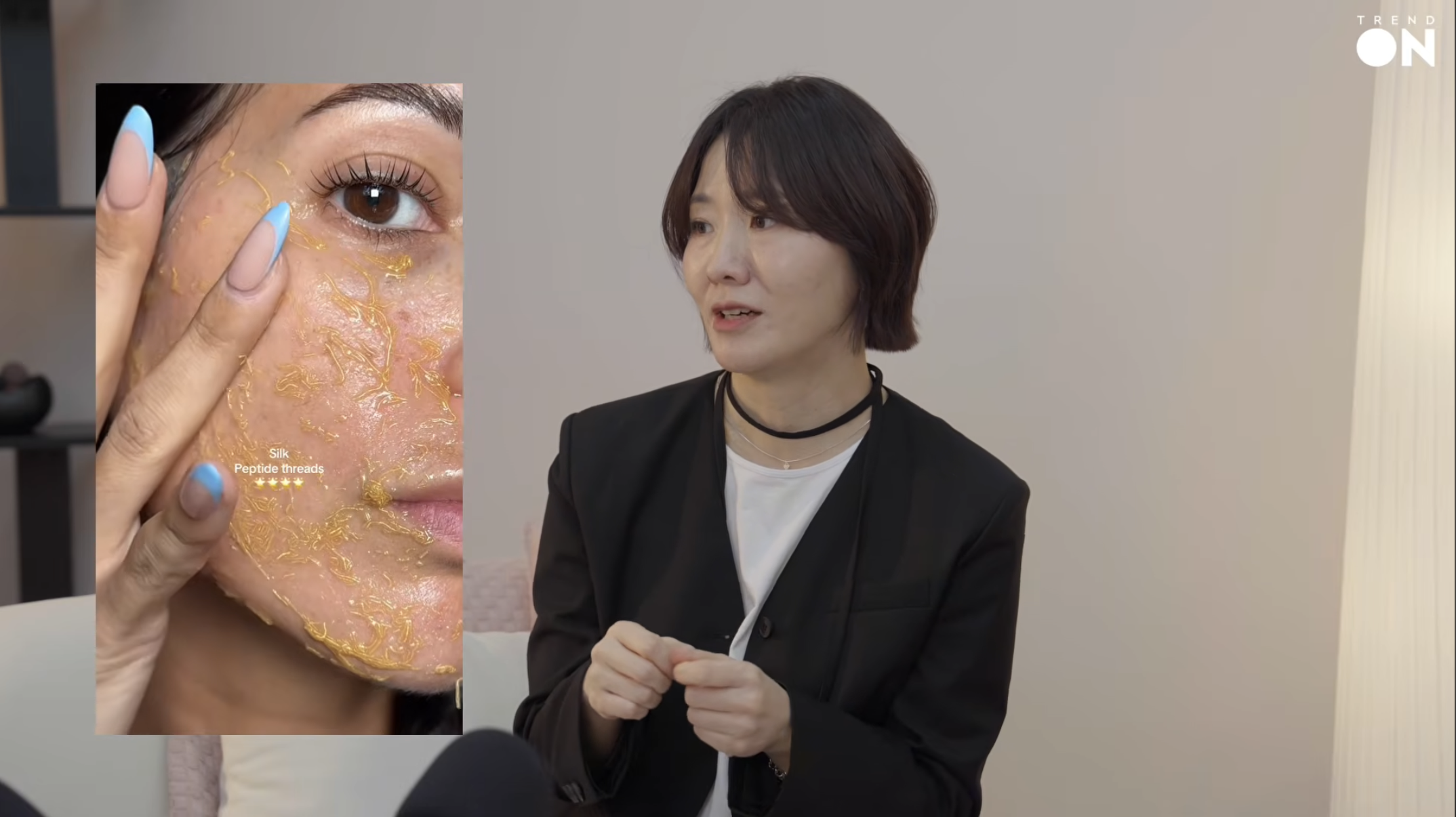 Trend On EP.1 host discusses spicule-based skincare products. A social media screenshot shows a consumer applying a silk peptide thread product, with visible gold thread-like strands dissolving on the skin. Spicule products mimic clinical microneedling treatments for at-home use, part of the K-beauty clinic-grade skincare trend. Source: trendier AI Trend On EP.1