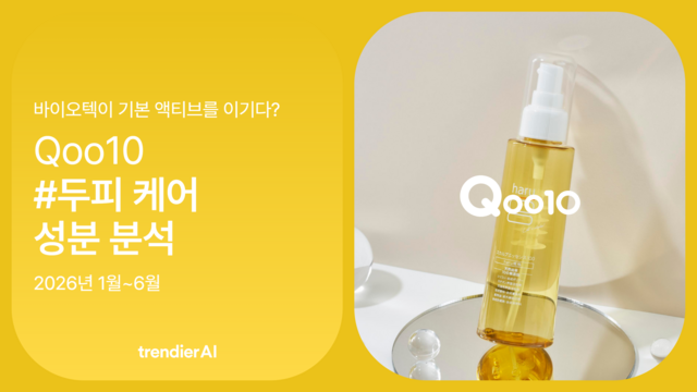 일본은 두피 케어를 바이오테크 중심으로 접근한다. 2026년 상반기 Qoo10 재팬 두피 케어 성분 신호에서 바이오테크 활성 성분이 기본 액티브를 앞섰다. trendier AI Qoo10 두피 케어 성분 분석 리포트 표지.