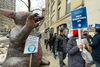 ProPublica workers practiced striking outside their NYC office Wednesday. (Hell Gate)