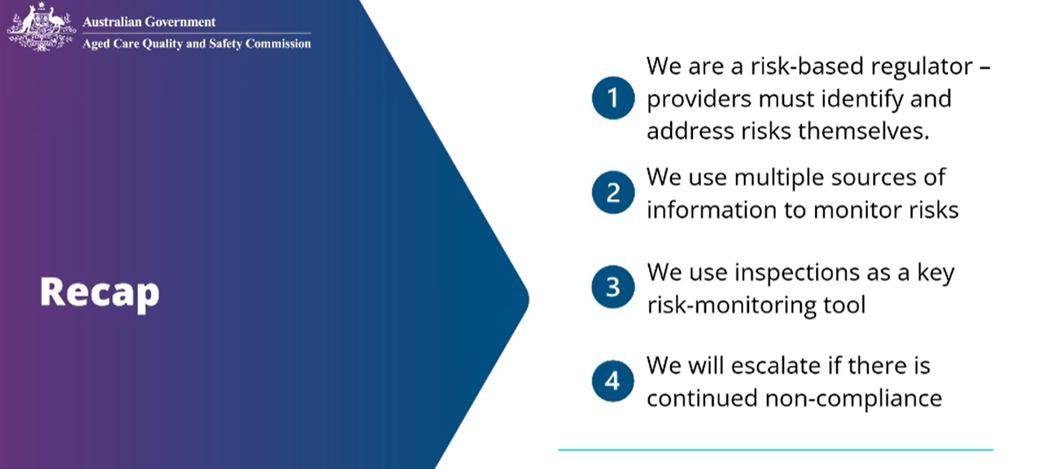 The image depicts the Australian Government's Aged Care Quality and Safety Commission, emphasizing their risk-based approach to monitoring and addressing compliance issues in aged care providers.

AI-generated content may be incorrect.