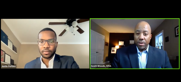 Justin Perkins and Scott D. Woods on a Zoom video call