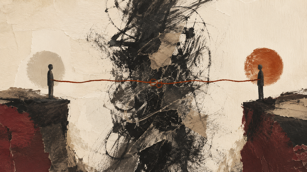 Two people connected by a rust-colored line through an abstract wall of fear and confusion.