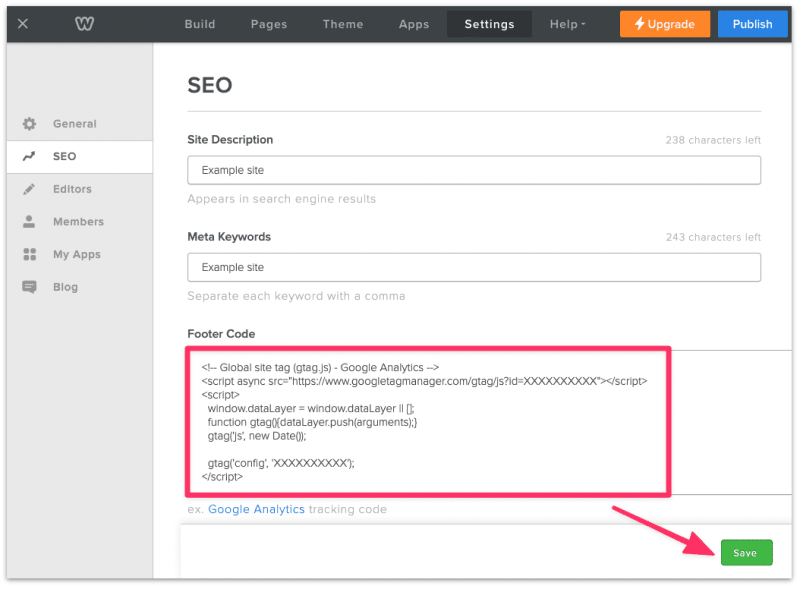 Paste your Google Analytics tracking code in Footer