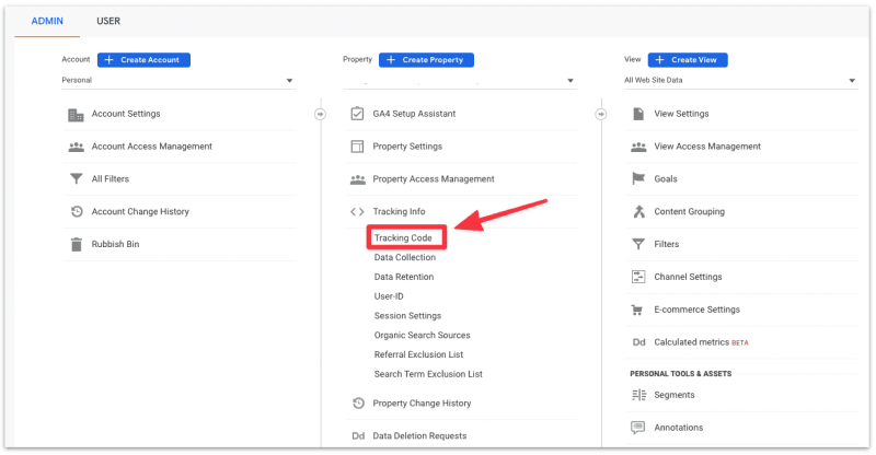Select tracking code from the admin dashboard