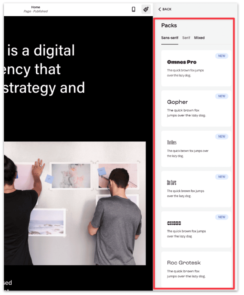 Choose from a list of font packs to update