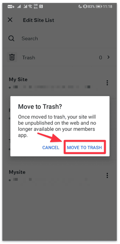 Confirm moving the site to trash