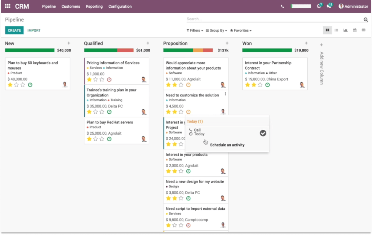 Odoo CRM deal pipeline