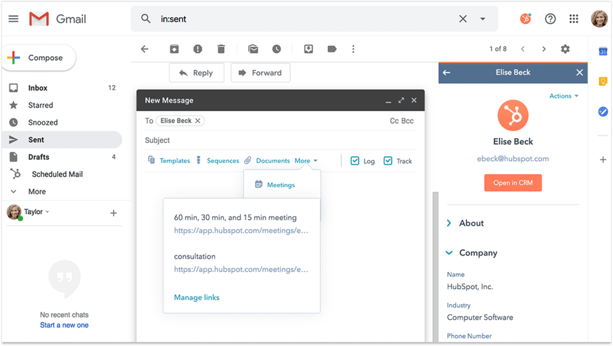 Hubspot meeting scheduler in Gmail
